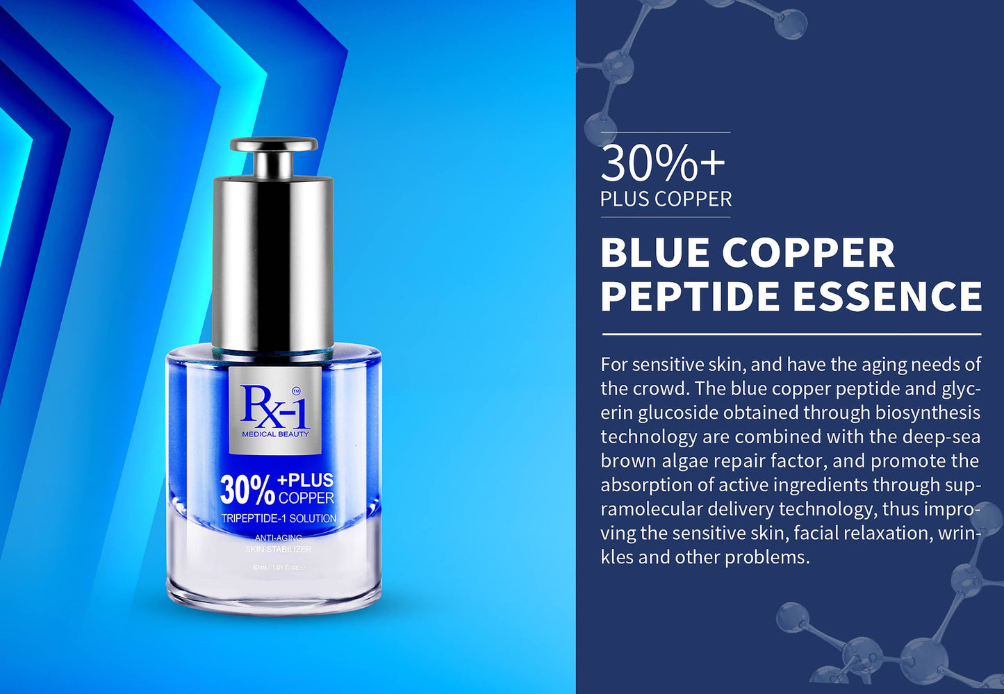 30% +Plus Copper Anti-Aging  Skin Stabilzer Anti-aging, antioxidant, anti-wrinkle, soothing, firming, suitable for all skin types (except sensitive skin)